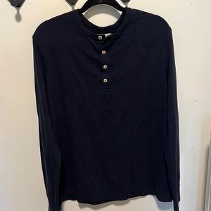 Waffle knit Henley long sleeve shirt navy blue with buttons